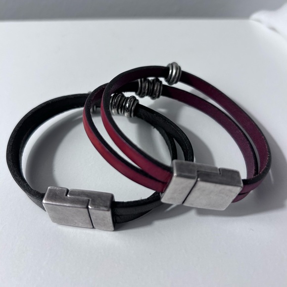 Burgundy and Black Leather Bracelet with Silver Clasp Set of 2 - Picture 3 of 3